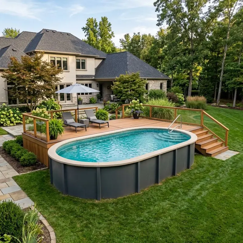 Premium above-ground swimming pool with a raised wood deck, lounge seating, and landscaped backyard