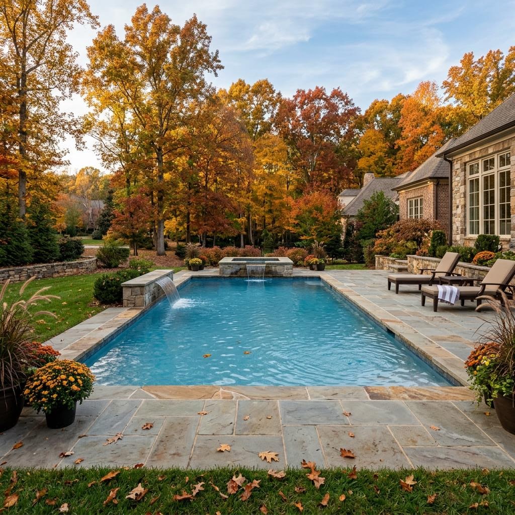 An open, operating swimming pool with clear blue water, autumn trees, and fallen leaves on the surrounding patio